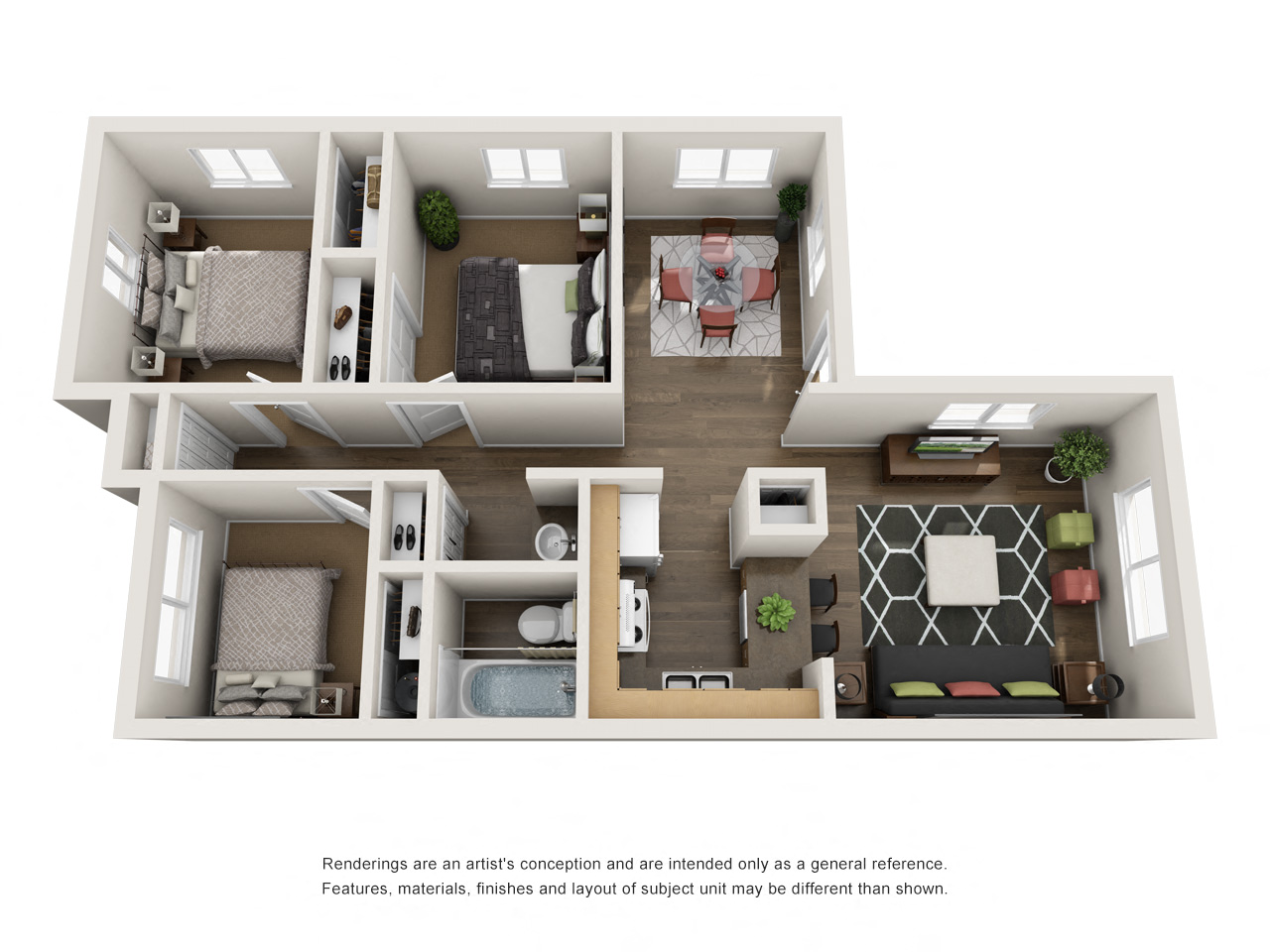 Floor plan for 3 beds, 1 bath, 850 sqft